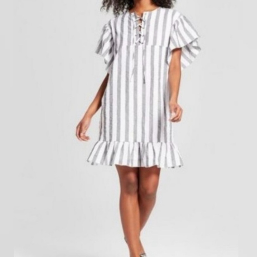Why What Where Gray white striped ruffle lace up knee dress XL